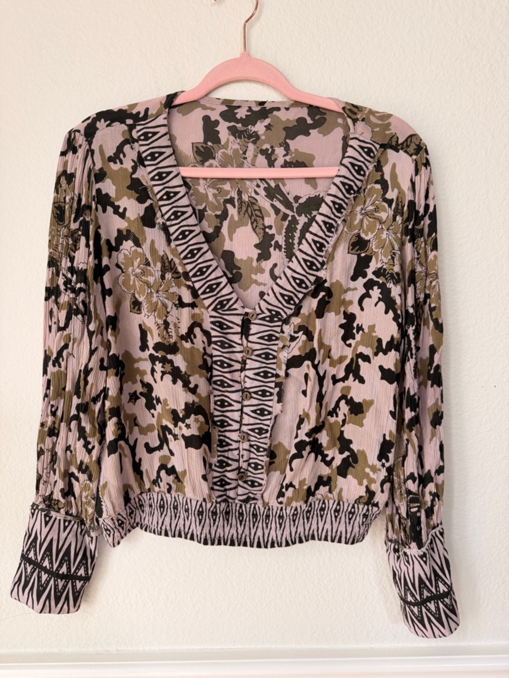 Z&L Europe Boho Cropped Blouse Camo Floral Print Sheer Festival Top